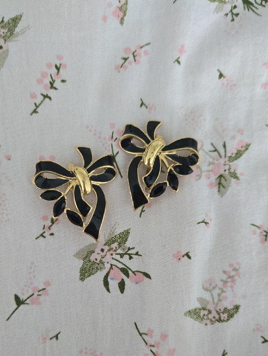 Trifari Jewelry - Gold-Tone Bow Earrings with Black Enamel